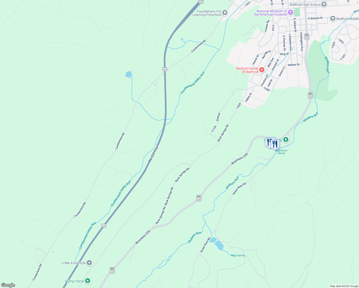 map of restaurants, bars, coffee shops, grocery stores, and more near 204 Sunshine Heights Drive in Bedford