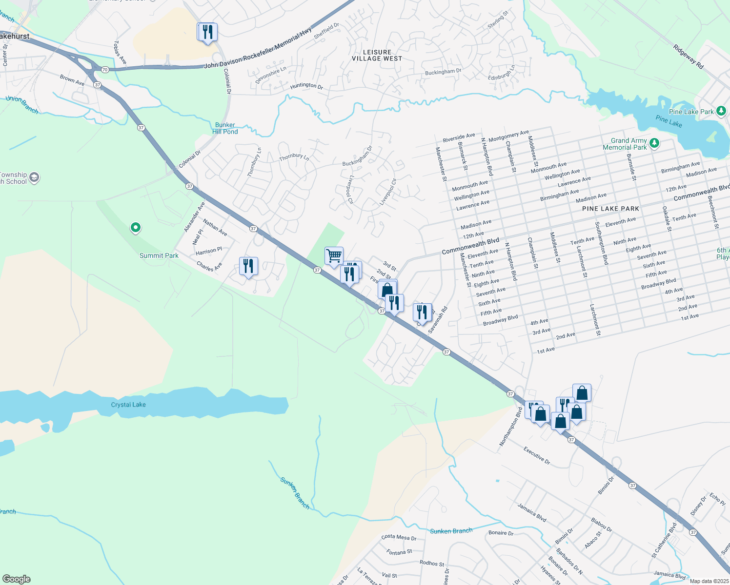 map of restaurants, bars, coffee shops, grocery stores, and more near 2016 New Jersey 37 in Manchester Township
