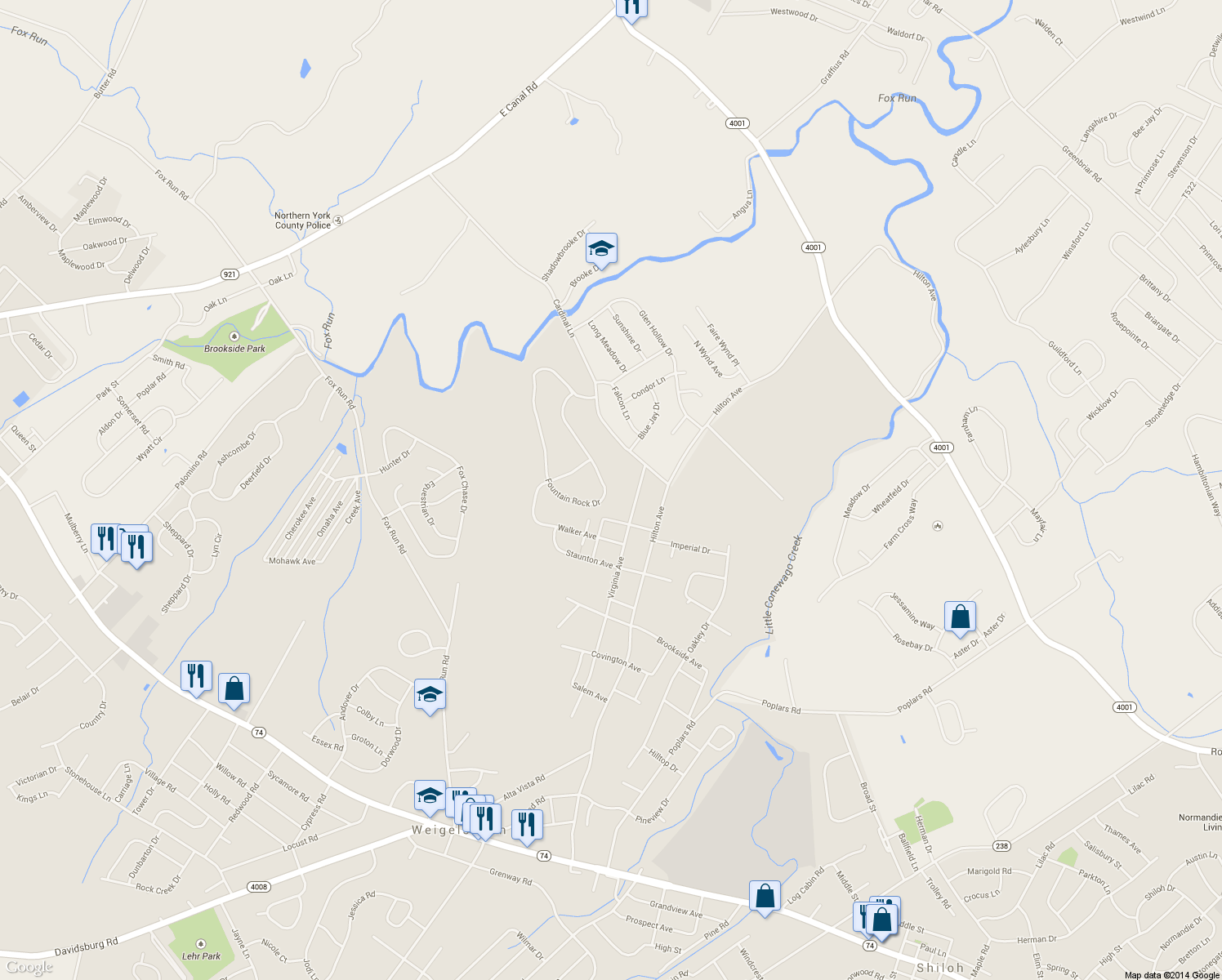 map of restaurants, bars, coffee shops, grocery stores, and more near 1720 Fountain Rock Drive in Dover