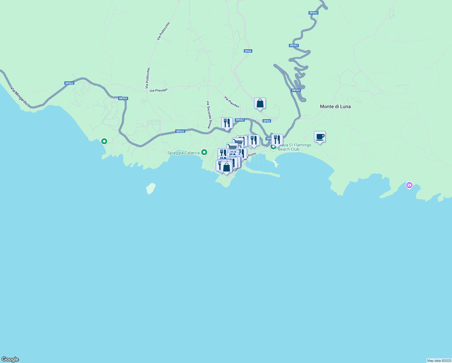 map of restaurants, bars, coffee shops, grocery stores, and more near Via Antonio Simone in Marina di Camerota