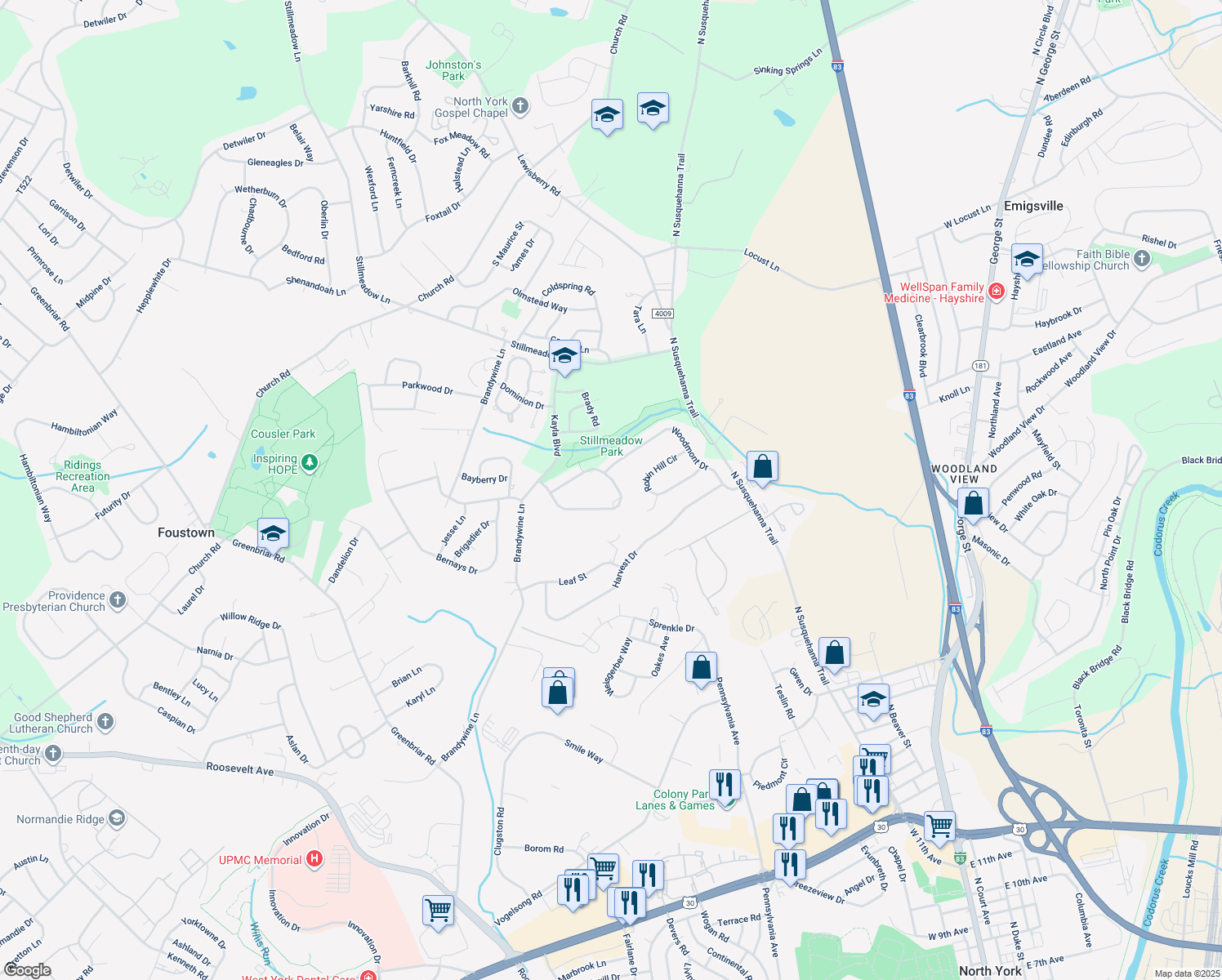 map of restaurants, bars, coffee shops, grocery stores, and more near 1023 Hearthridge Lane in York