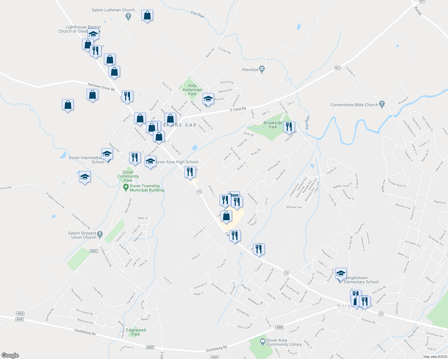 map of restaurants, bars, coffee shops, grocery stores, and more near 2018 Wyatt Circle in Dover