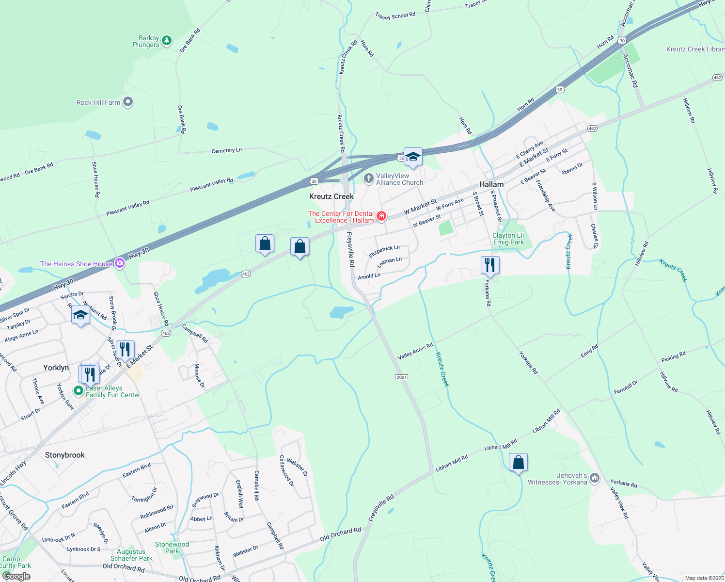 map of restaurants, bars, coffee shops, grocery stores, and more near 215 Freysville Road in Hallam