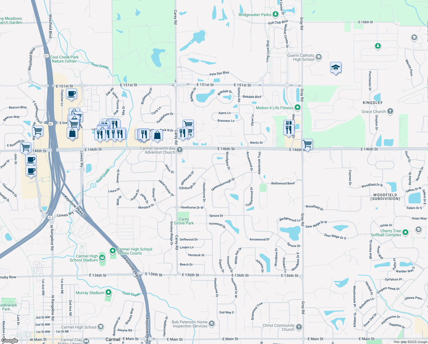 map of restaurants, bars, coffee shops, grocery stores, and more near 1268 Bridgefield Drive in Carmel