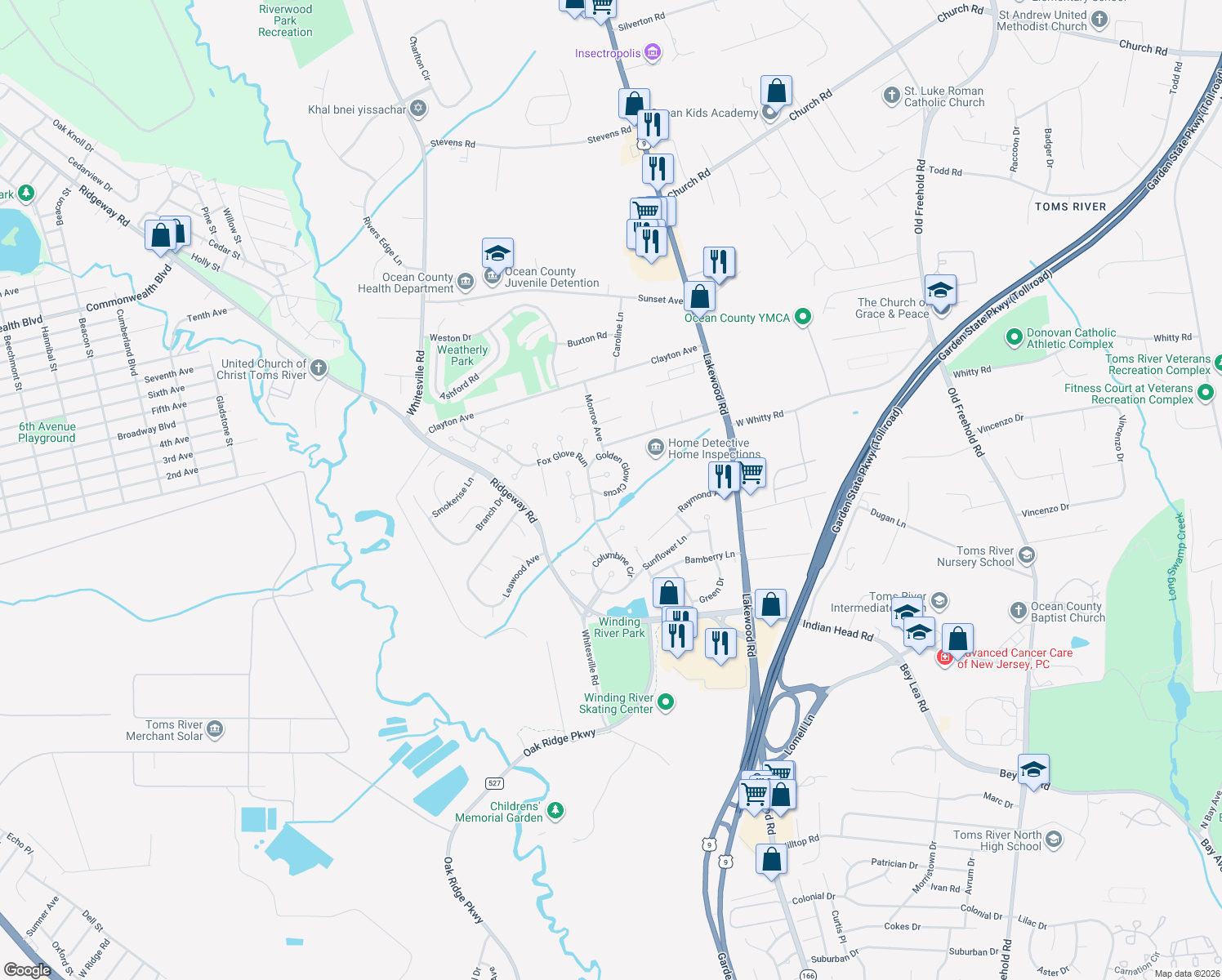 map of restaurants, bars, coffee shops, grocery stores, and more near 61 Golden Glow Circus in Toms River
