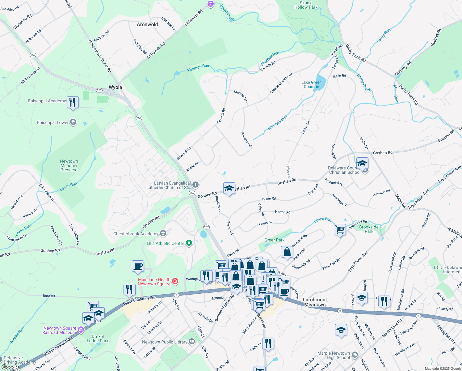 map of restaurants, bars, coffee shops, grocery stores, and more near 1 Brookmawr Road in Newtown Square