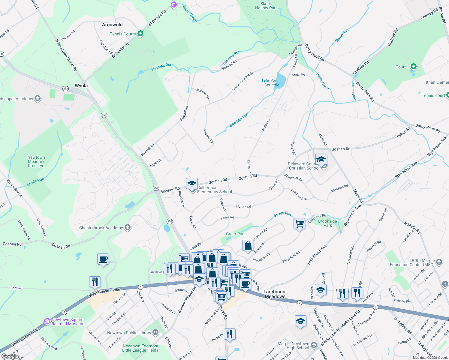 map of restaurants, bars, coffee shops, grocery stores, and more near 3514 Goshen Rd in Delaware