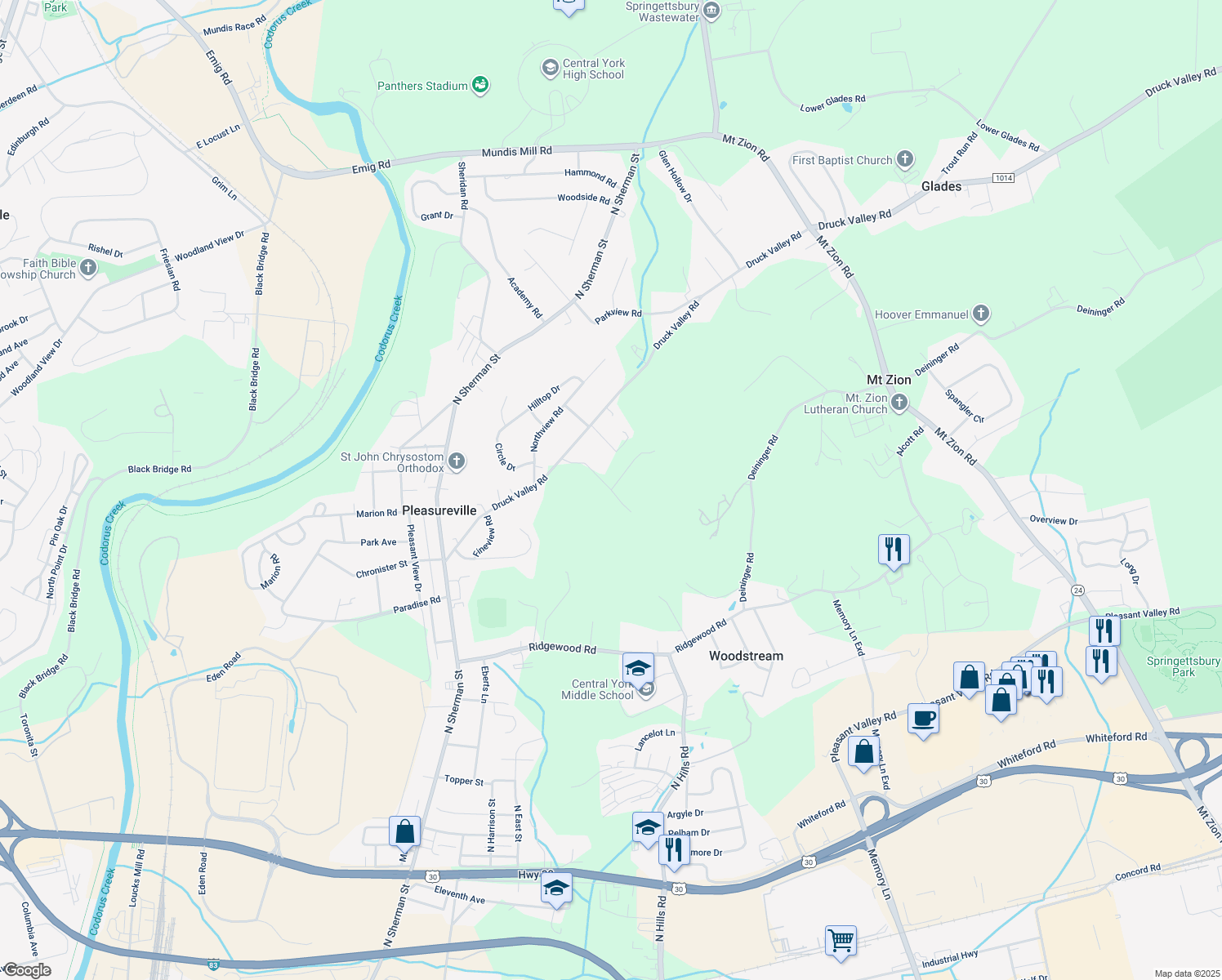 map of restaurants, bars, coffee shops, grocery stores, and more near Radio Road in York