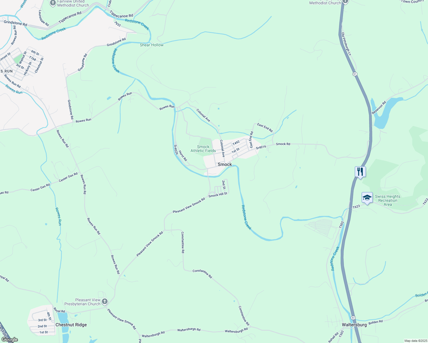 map of restaurants, bars, coffee shops, grocery stores, and more near 11 Railroad Street in Smock