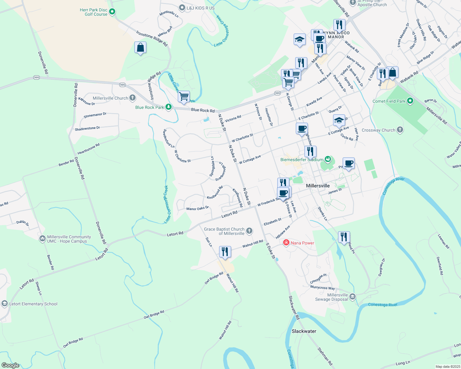 map of restaurants, bars, coffee shops, grocery stores, and more near 180 Knollwood Rd in Millersville