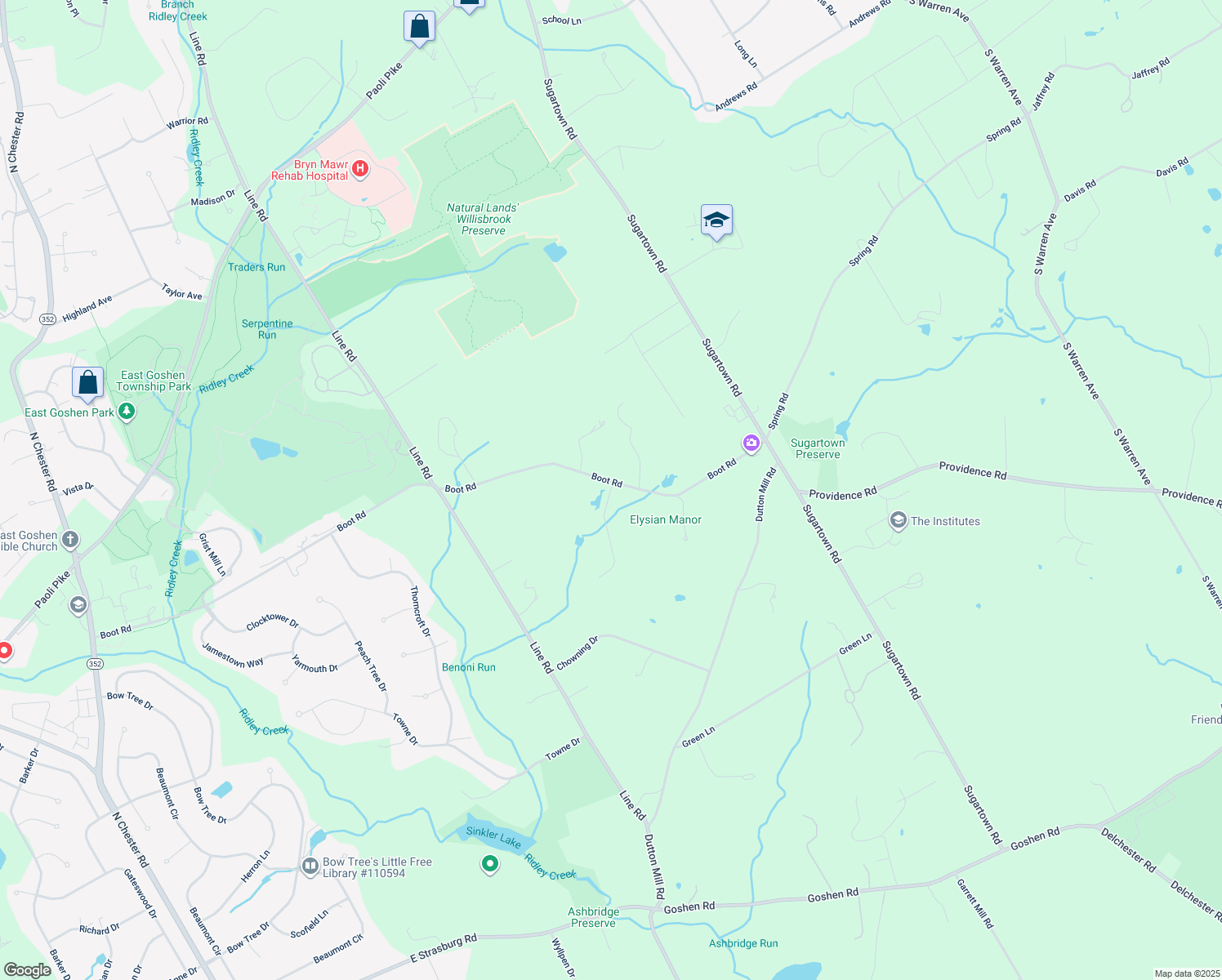 map of restaurants, bars, coffee shops, grocery stores, and more near 9 Roselawn Lane in Malvern