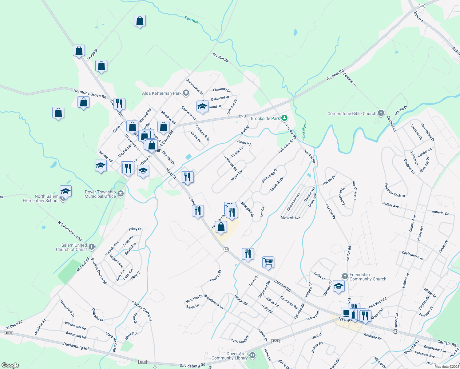 map of restaurants, bars, coffee shops, grocery stores, and more near 2043 Wyatt Circle in Dover