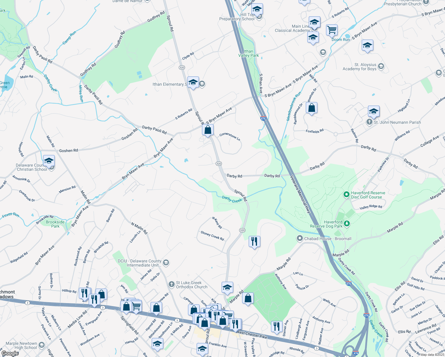 map of restaurants, bars, coffee shops, grocery stores, and more near 5038 Brittany Lane in Bryn Mawr
