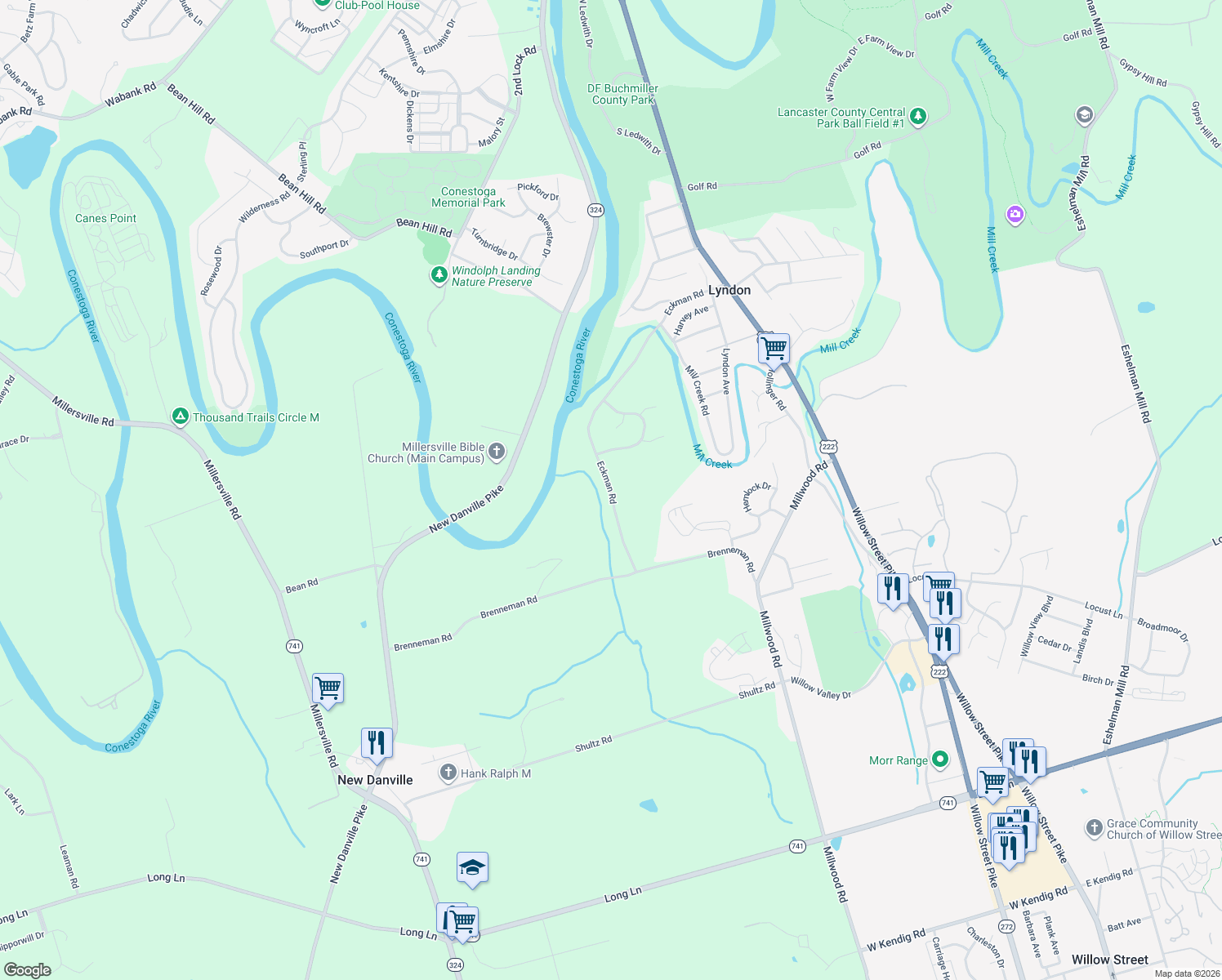 map of restaurants, bars, coffee shops, grocery stores, and more near 339 Eckman Road in Lancaster