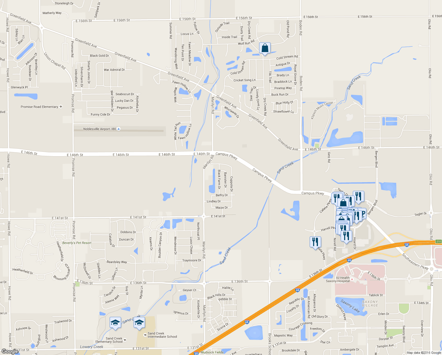 map of restaurants, bars, coffee shops, grocery stores, and more near 14398 Black Farm Dr in Noblesville