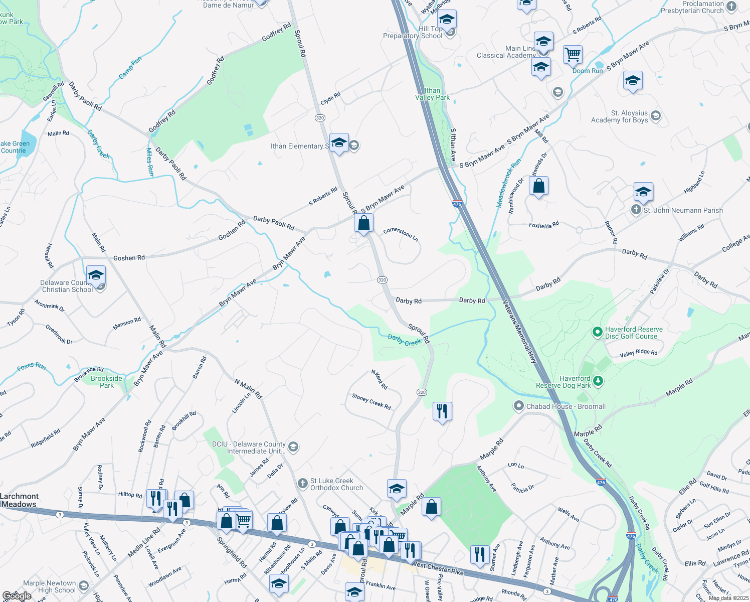 map of restaurants, bars, coffee shops, grocery stores, and more near 5018 Brittany Lane in Bryn Mawr