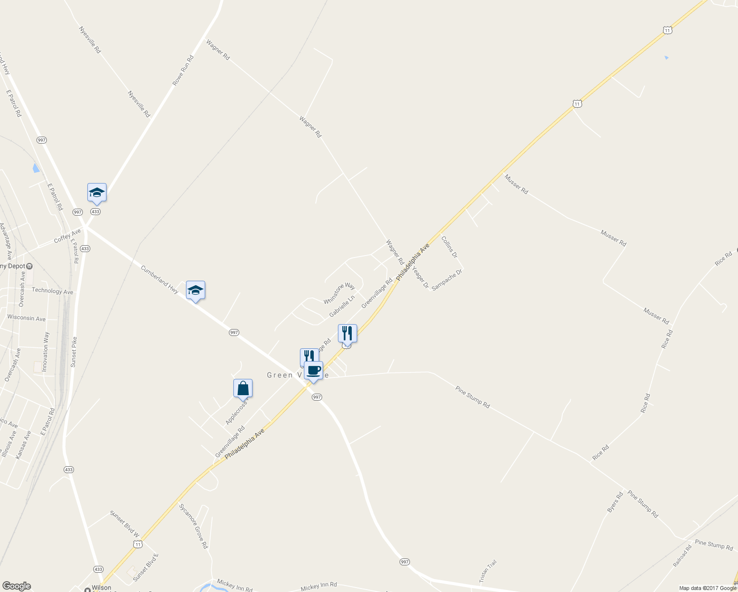 map of restaurants, bars, coffee shops, grocery stores, and more near 5857 Greenvillage Road in Chambersburg