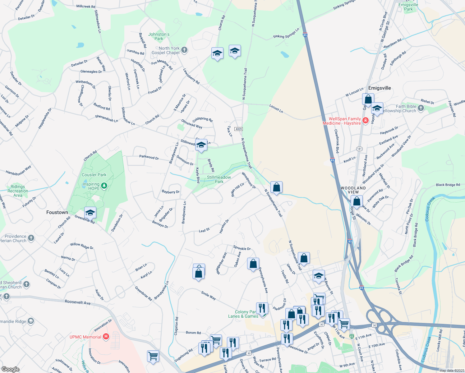 map of restaurants, bars, coffee shops, grocery stores, and more near 590 Robin Hill Circle in York