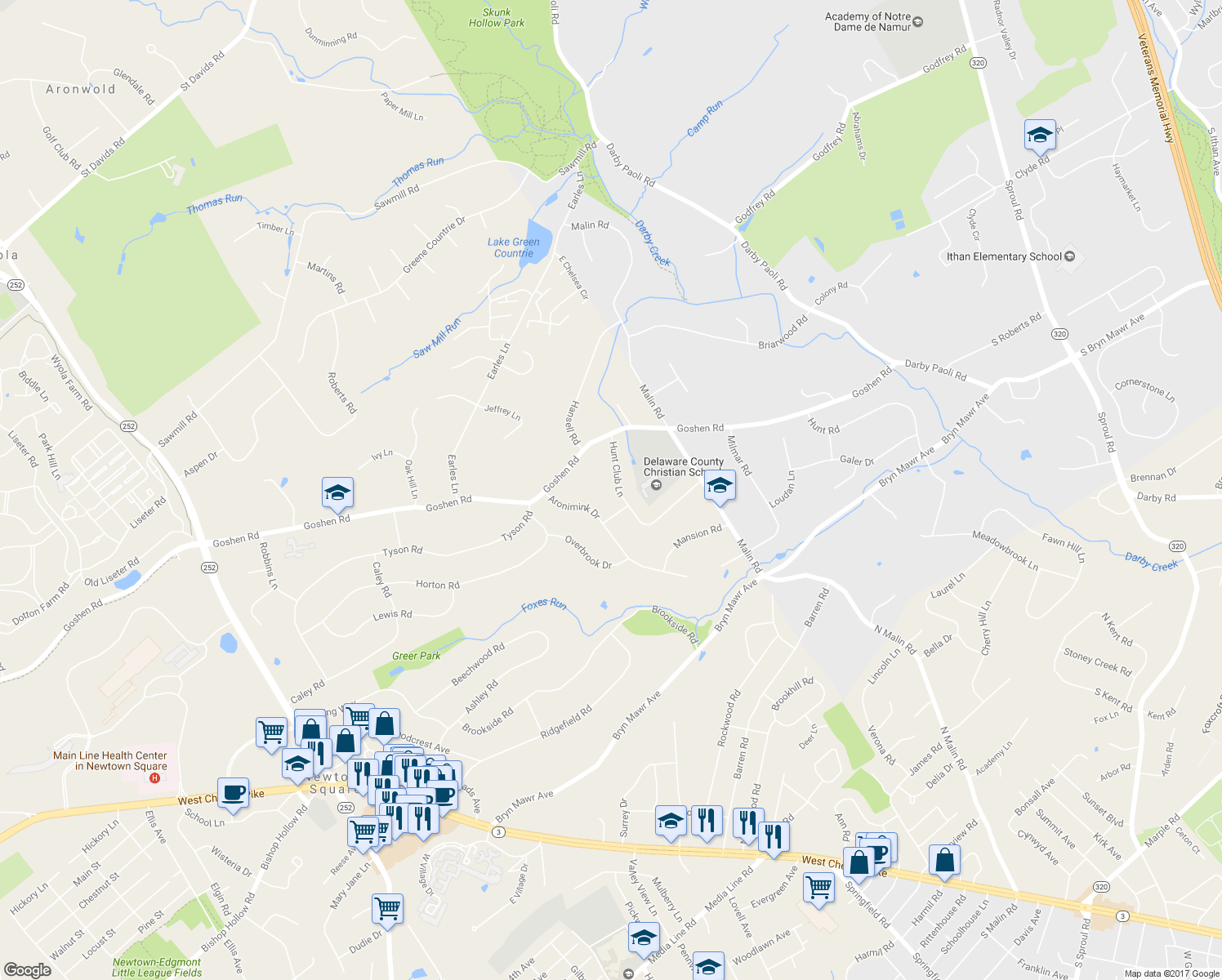 map of restaurants, bars, coffee shops, grocery stores, and more near 136 Hunt Club Lane in Newtown Square