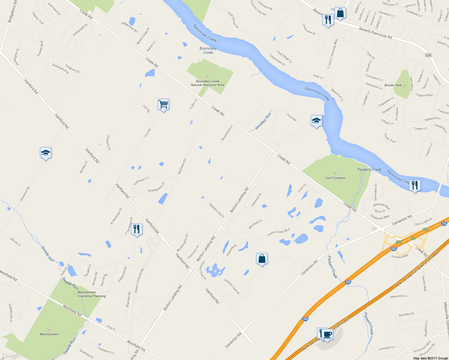 map of restaurants, bars, coffee shops, grocery stores, and more near 5 Cortland Shire Drive in Moorestown