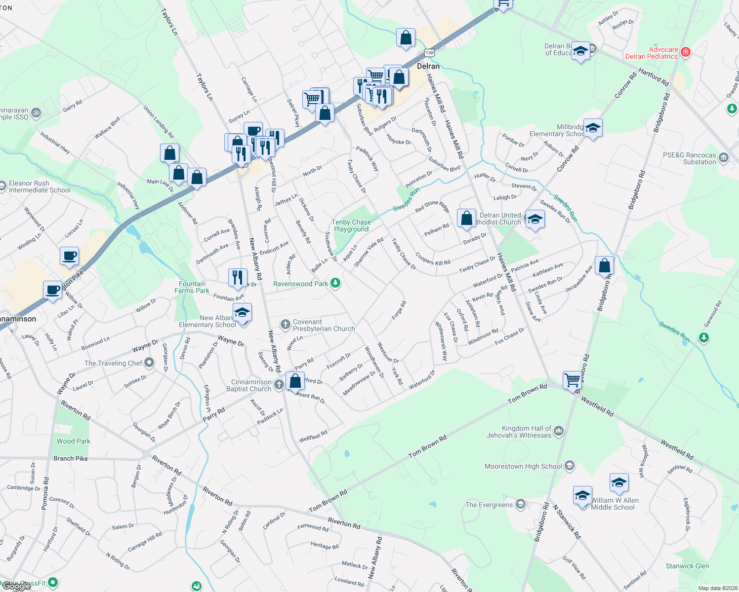 map of restaurants, bars, coffee shops, grocery stores, and more near 277 Southview Drive in Delran