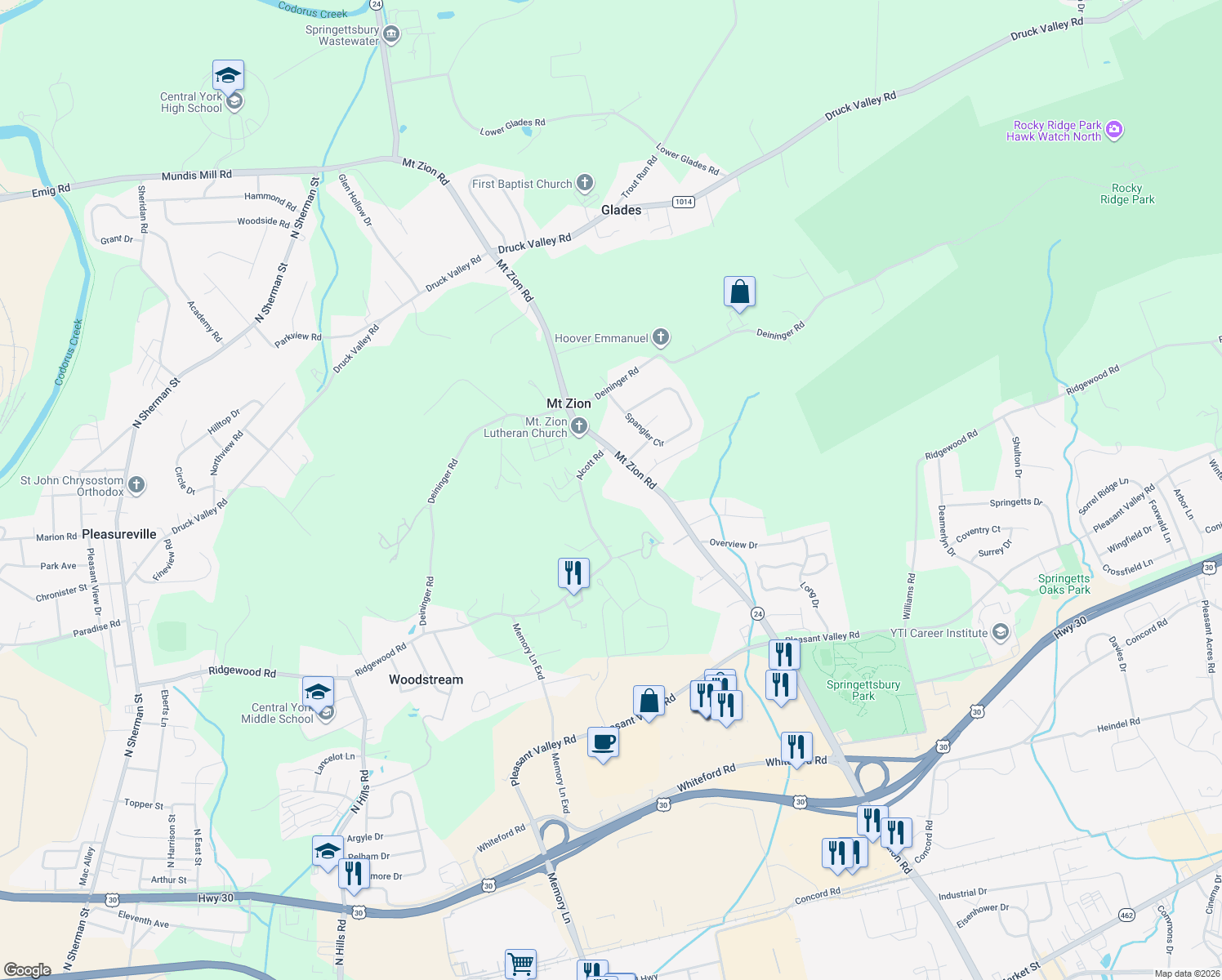 map of restaurants, bars, coffee shops, grocery stores, and more near 1979 Alcott Road in York