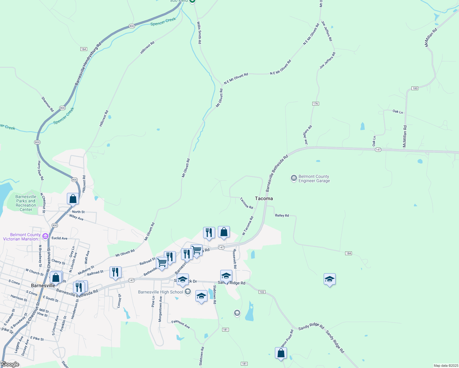 map of restaurants, bars, coffee shops, grocery stores, and more near 36368 Ridge Drive in Barnesville