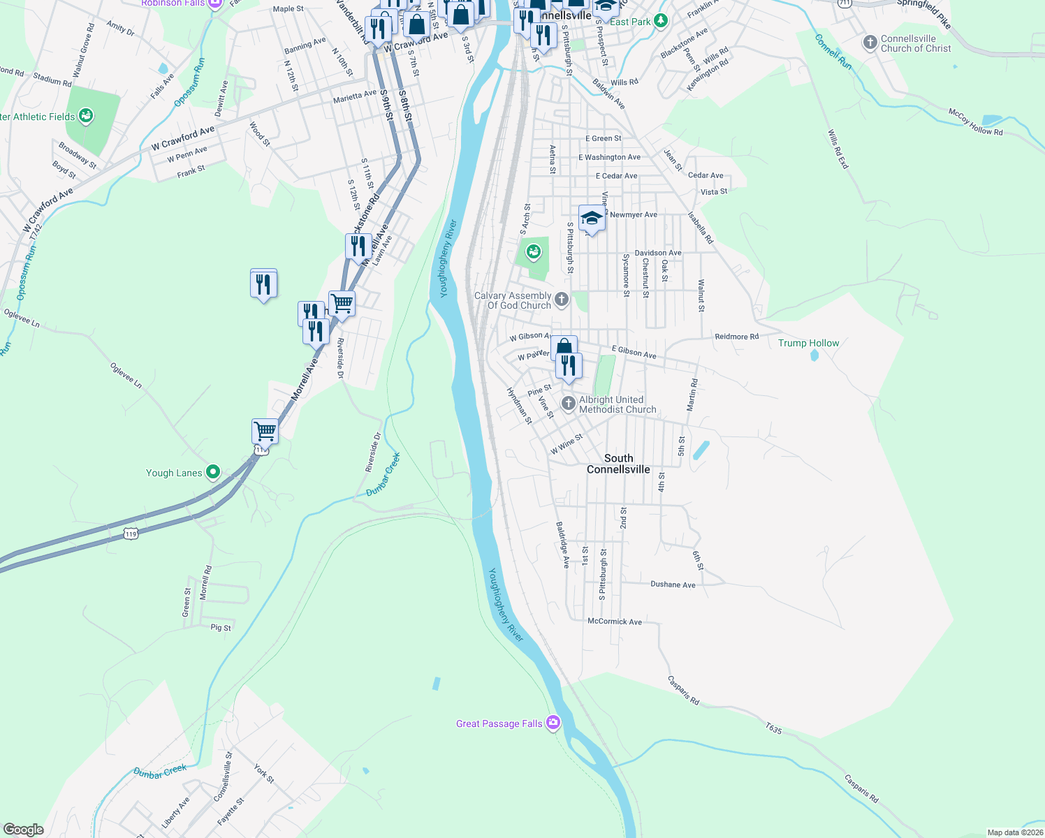 map of restaurants, bars, coffee shops, grocery stores, and more near 1620 Hyndman Street in Connellsville