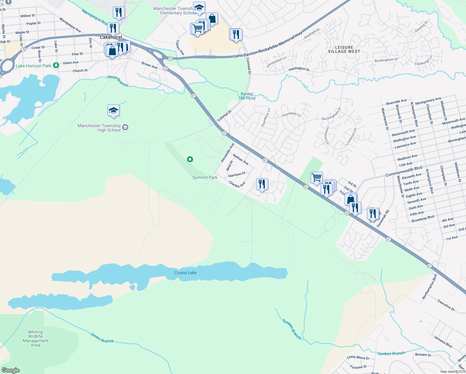 map of restaurants, bars, coffee shops, grocery stores, and more near 27 Charles Avenue in Manchester Township