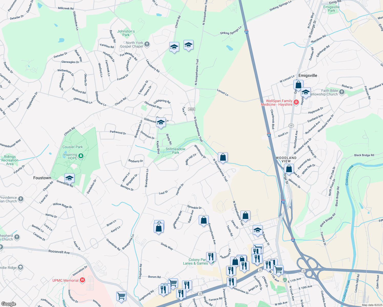 map of restaurants, bars, coffee shops, grocery stores, and more near 680 Robin Hill Circle in York
