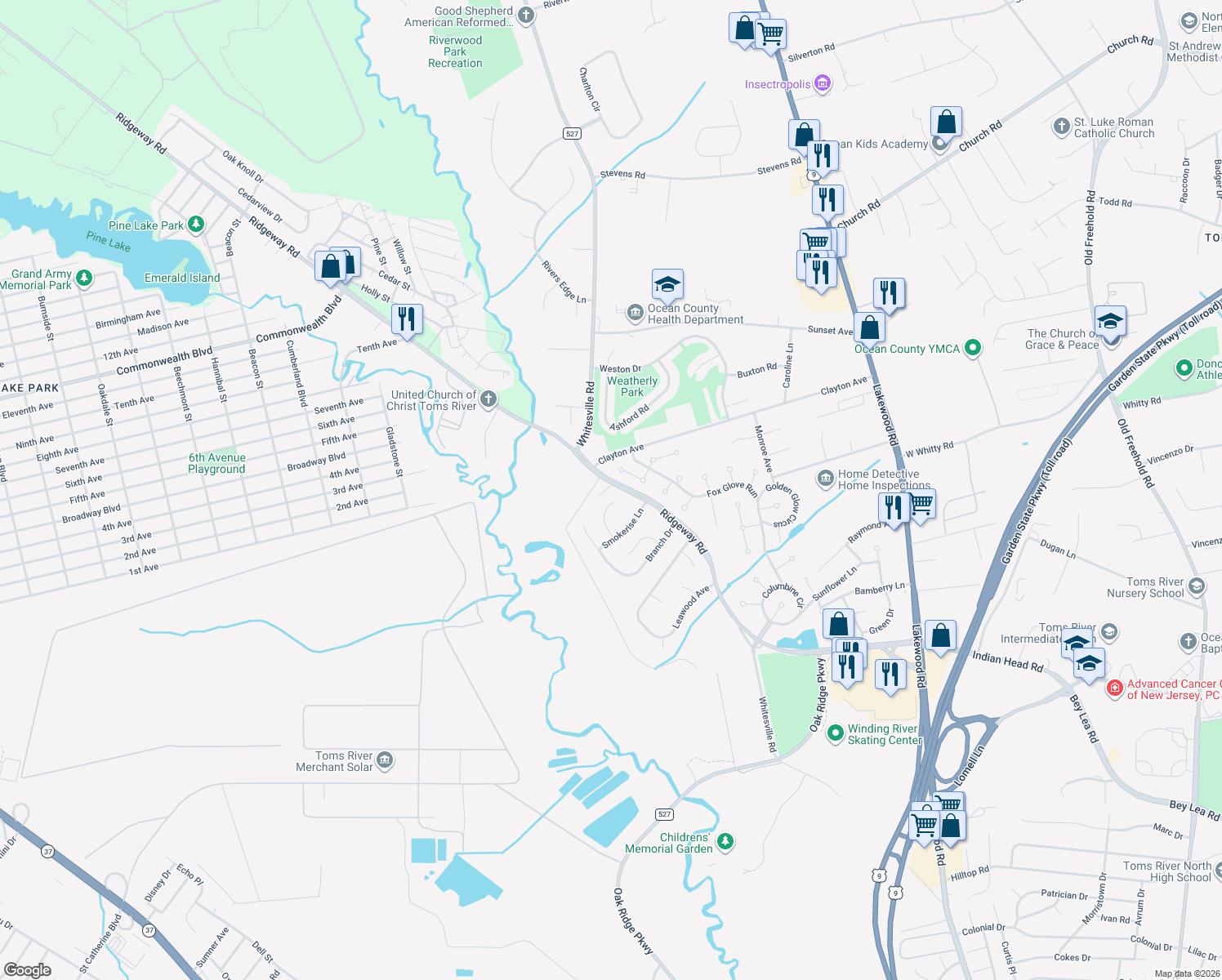 map of restaurants, bars, coffee shops, grocery stores, and more near 1468 Whitesville Road in Toms River