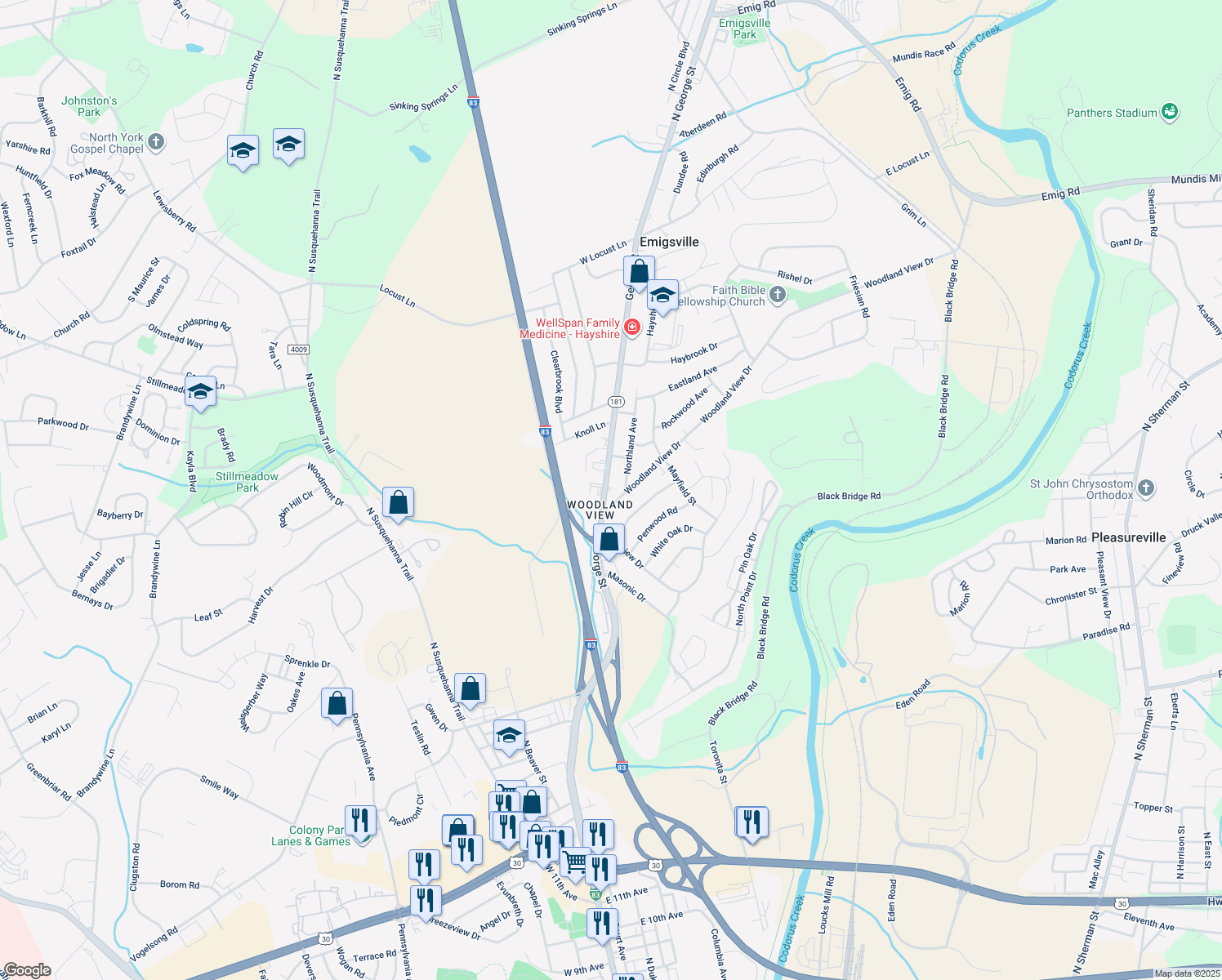 map of restaurants, bars, coffee shops, grocery stores, and more near 2437 North George Street in York