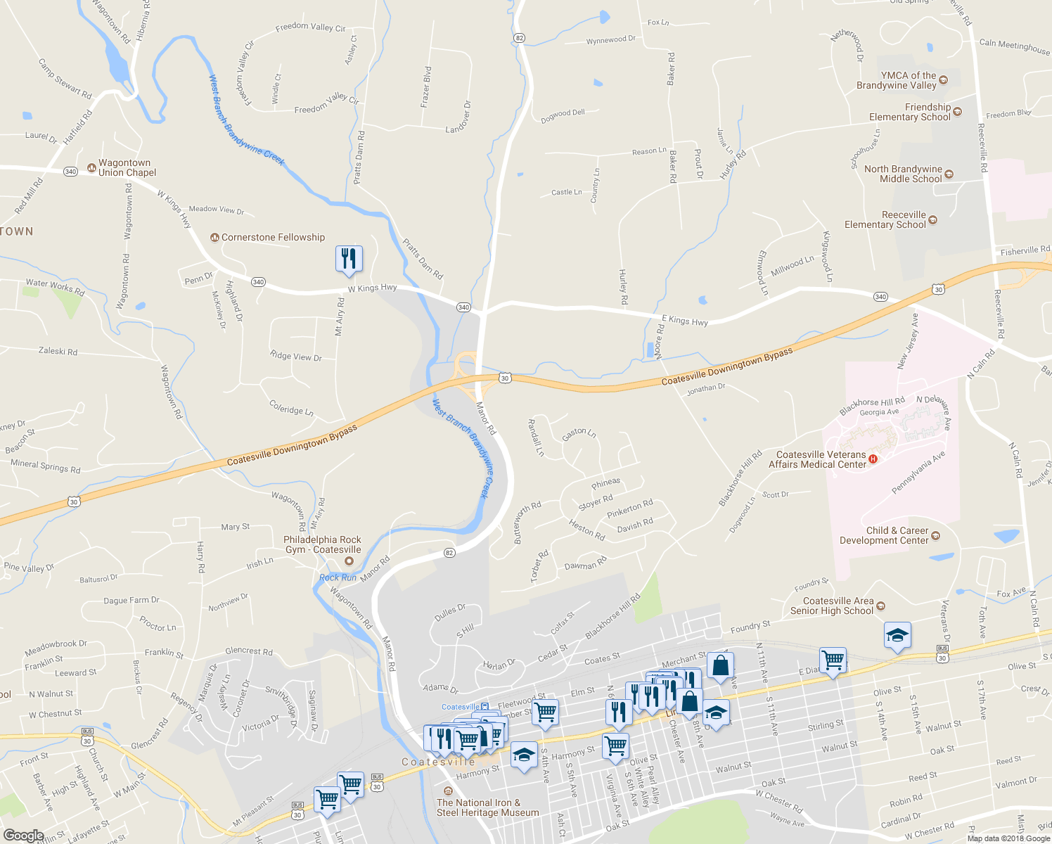 map of restaurants, bars, coffee shops, grocery stores, and more near 358 Randall Lane in Coatesville