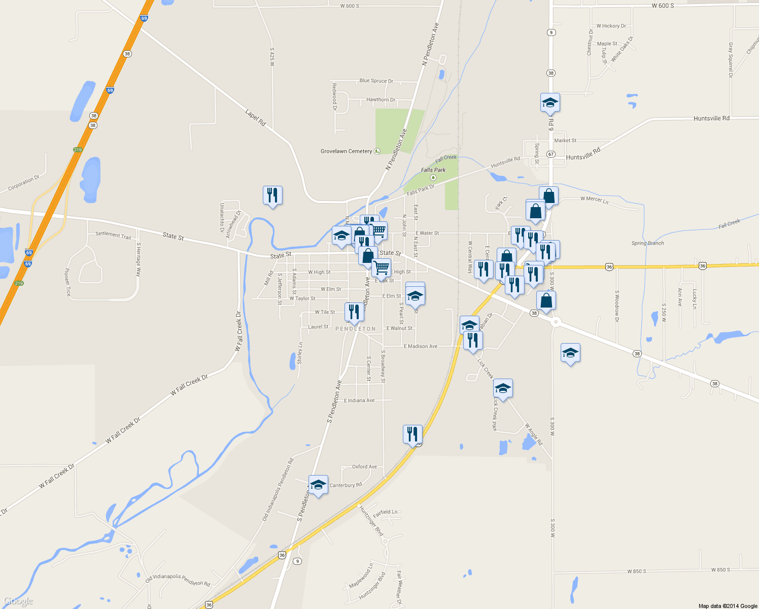 map of restaurants, bars, coffee shops, grocery stores, and more near 312 South Broadway Street in Pendleton