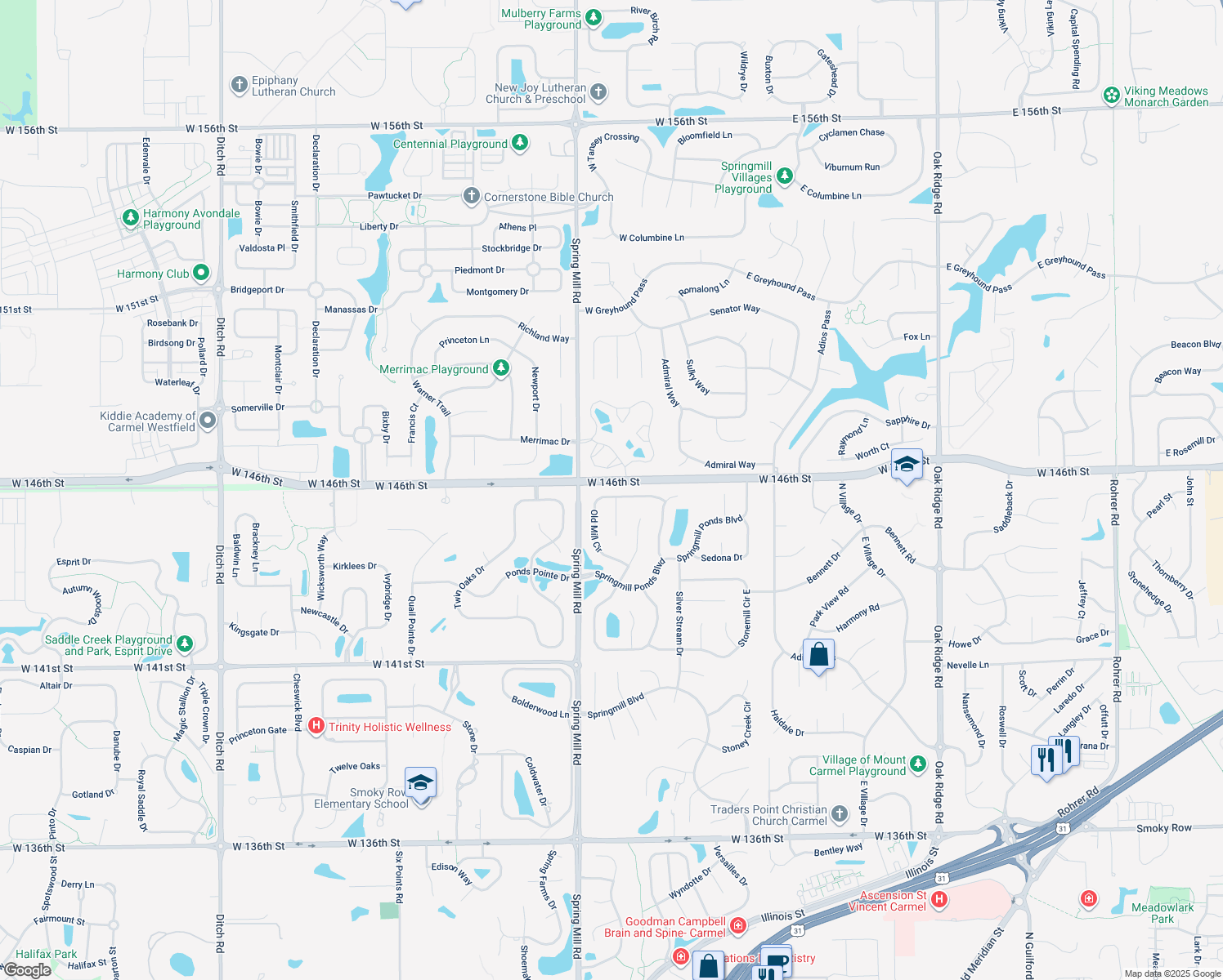 map of restaurants, bars, coffee shops, grocery stores, and more near 1584 Old Mill Cir in Carmel