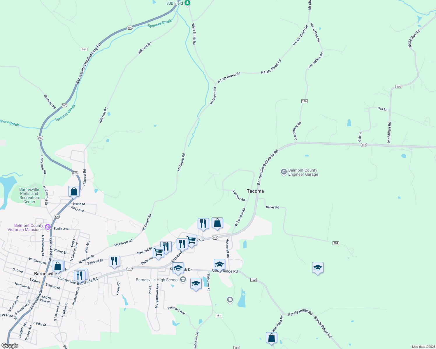 map of restaurants, bars, coffee shops, grocery stores, and more near 36368 Ridge Drive in Barnesville