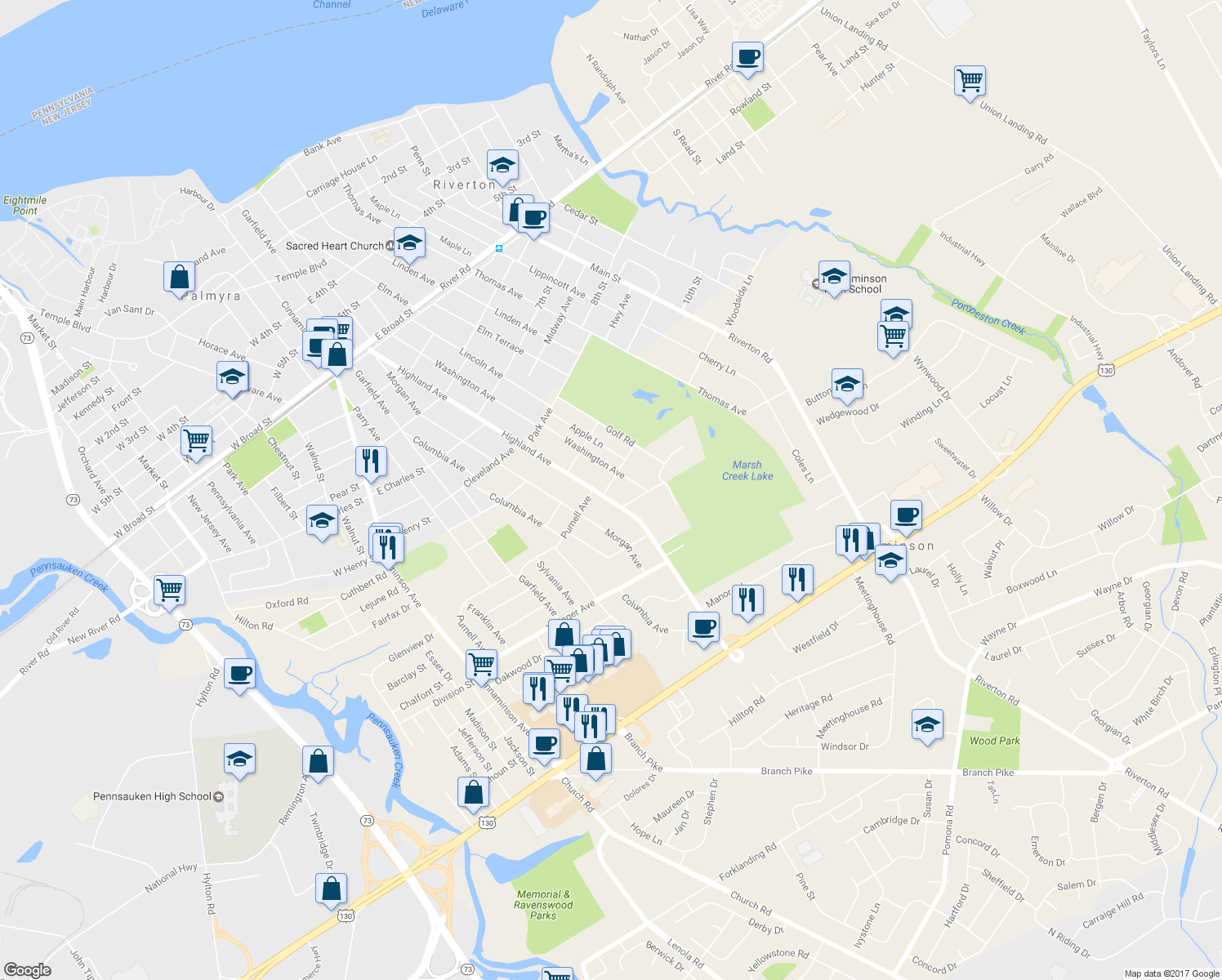 map of restaurants, bars, coffee shops, grocery stores, and more near 1200 Highland Avenue in Cinnaminson