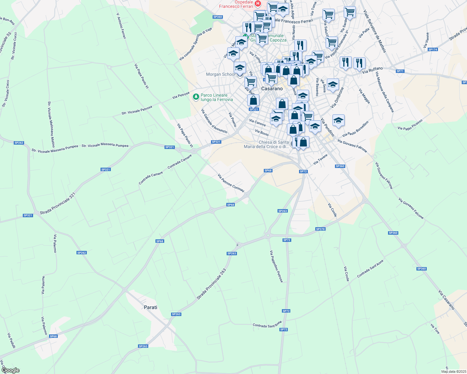 map of restaurants, bars, coffee shops, grocery stores, and more near 40 Via Petrose Cormuni in Provincia di Lecce