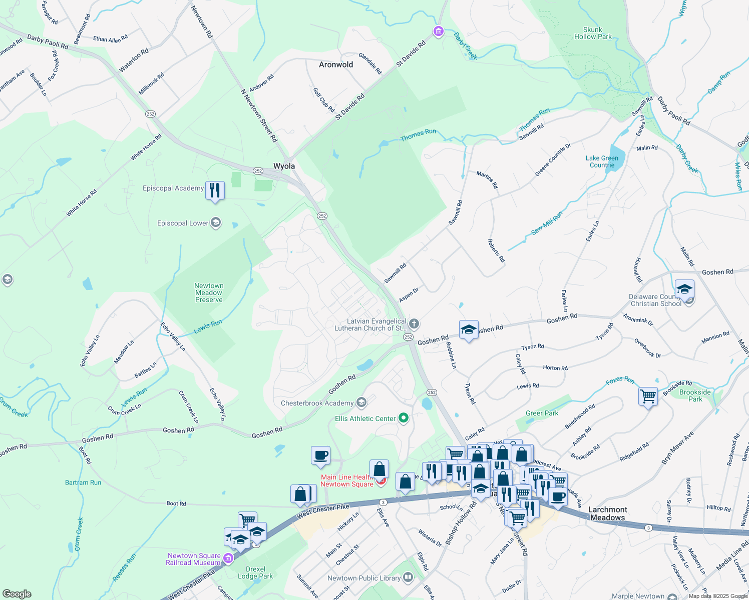 map of restaurants, bars, coffee shops, grocery stores, and more near 3701 Rosemont Pass in Newtown Square