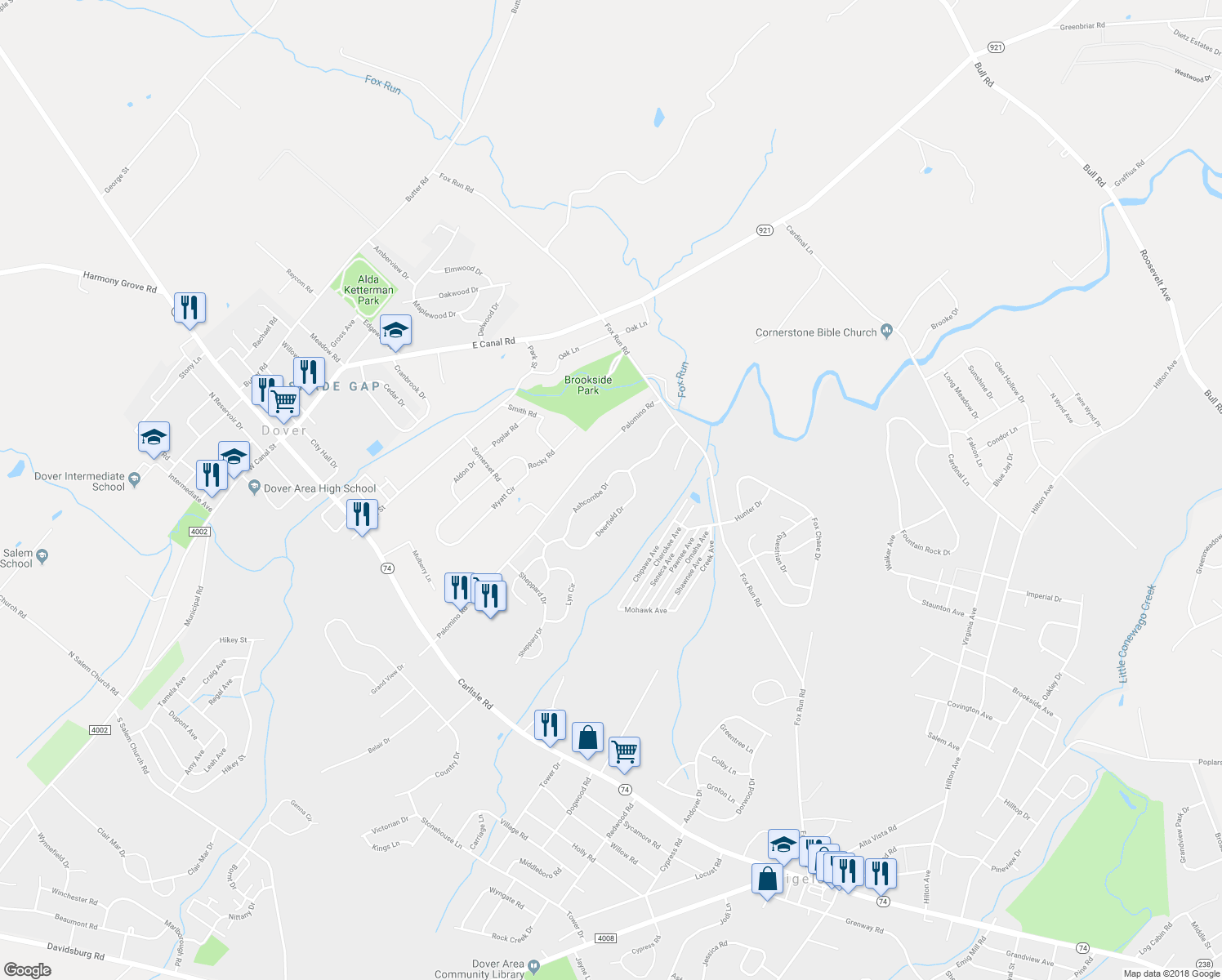 map of restaurants, bars, coffee shops, grocery stores, and more near 1833 Ashcombe Drive in Dover