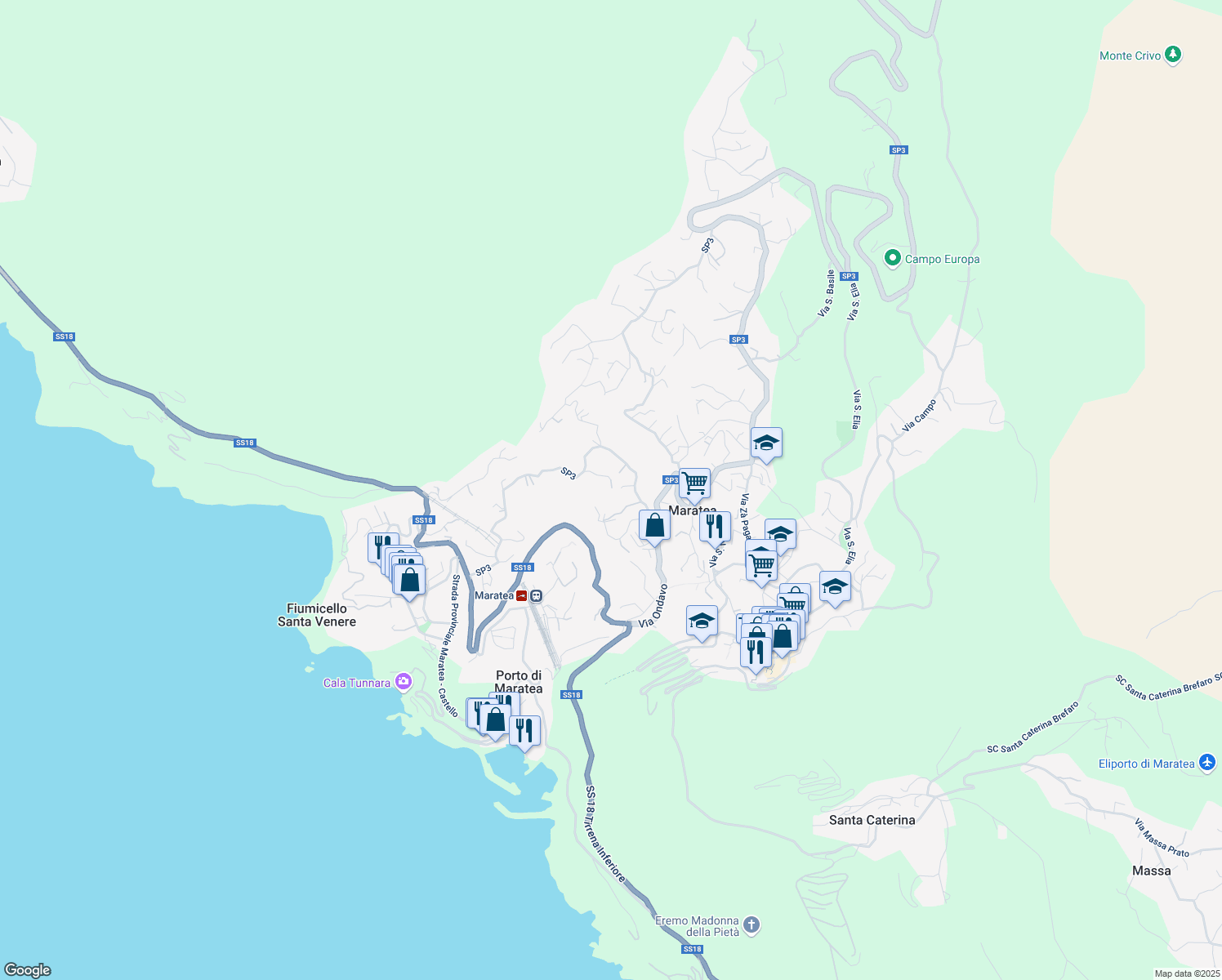 map of restaurants, bars, coffee shops, grocery stores, and more near Strada Provinciale 3 Tirrena in Maratea