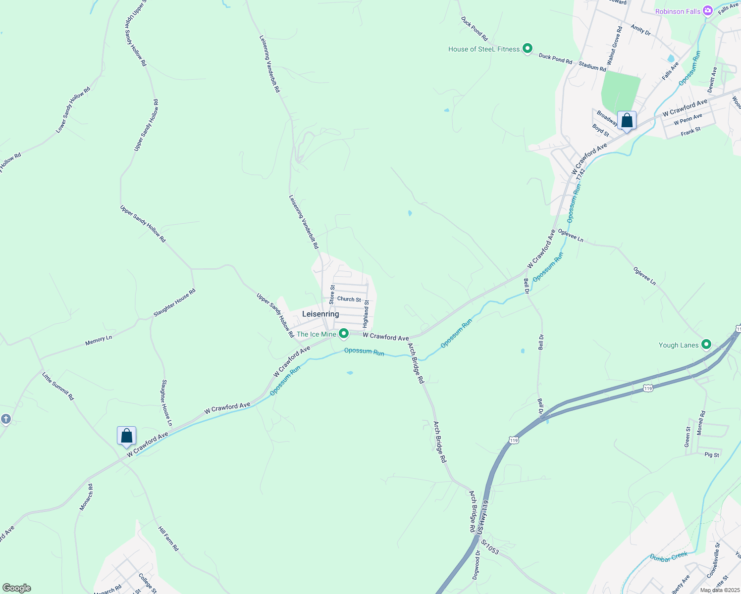map of restaurants, bars, coffee shops, grocery stores, and more near 1042 Church Street in Leisenring