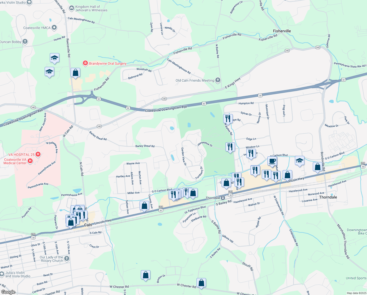 map of restaurants, bars, coffee shops, grocery stores, and more near 3 Doral Ct in Thorndale