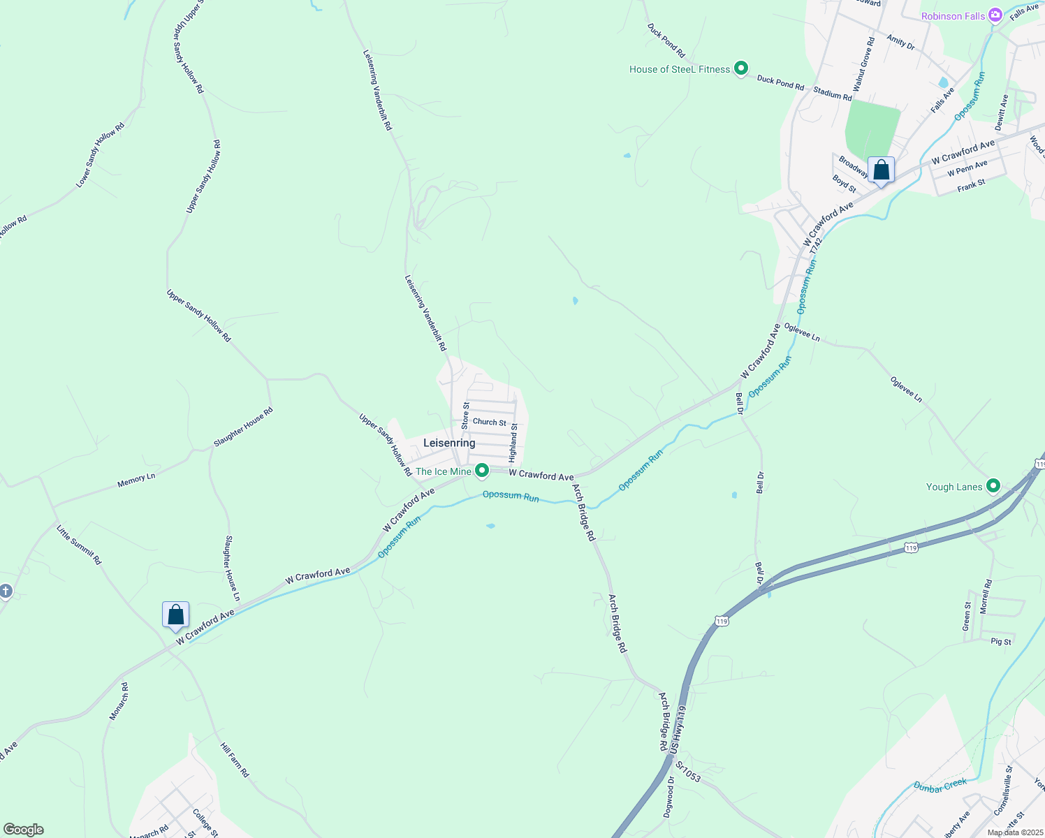 map of restaurants, bars, coffee shops, grocery stores, and more near 1042 Church Street in Leisenring