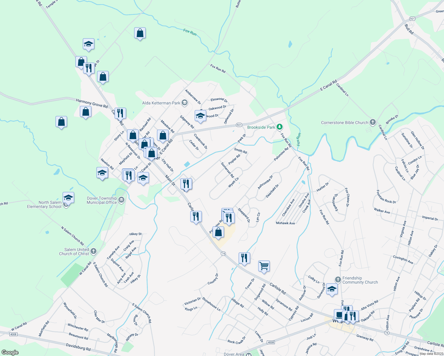 map of restaurants, bars, coffee shops, grocery stores, and more near 1935 Wyatt Circle in Dover