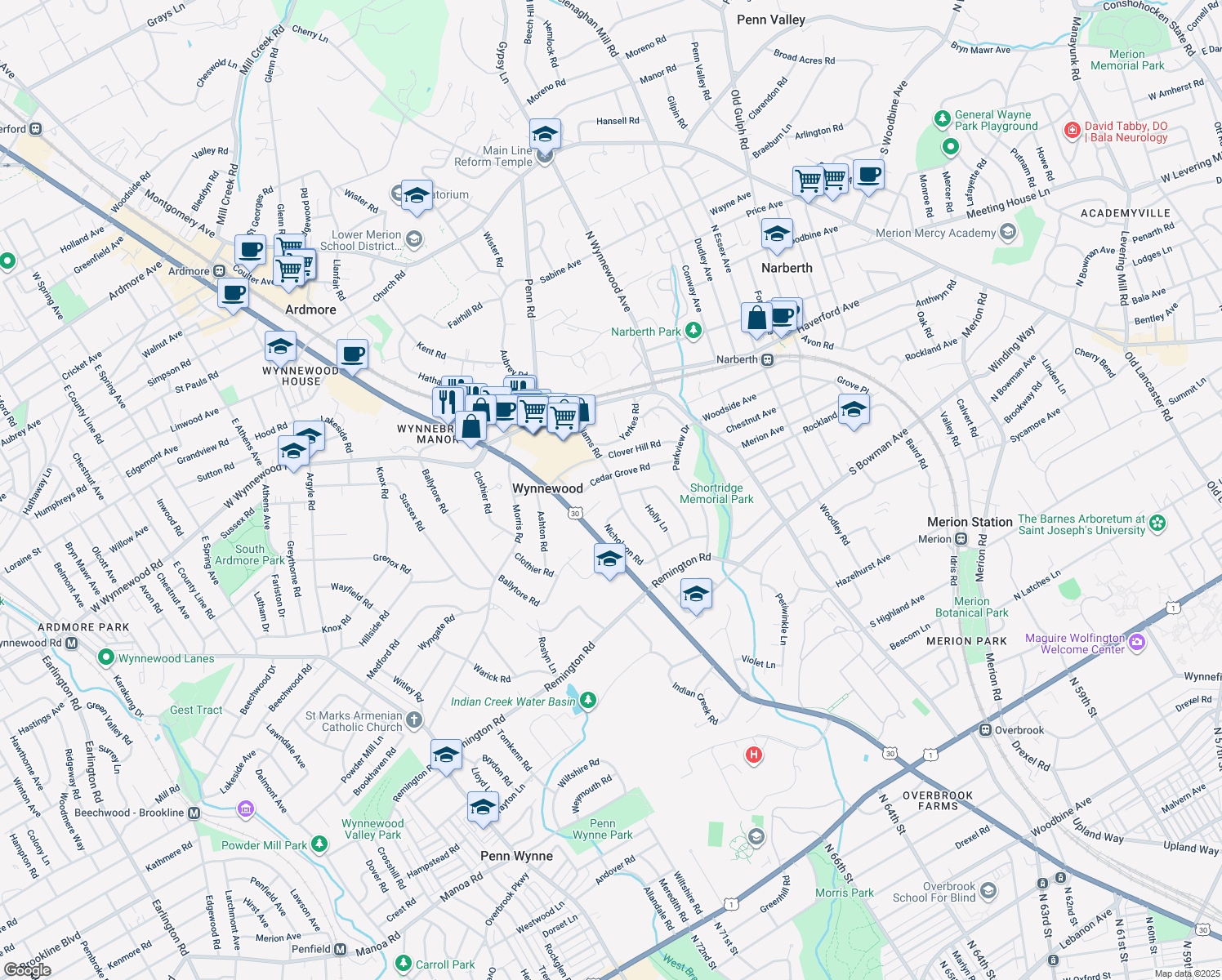 map of restaurants, bars, coffee shops, grocery stores, and more near 510 Williams Road in Montgomery County