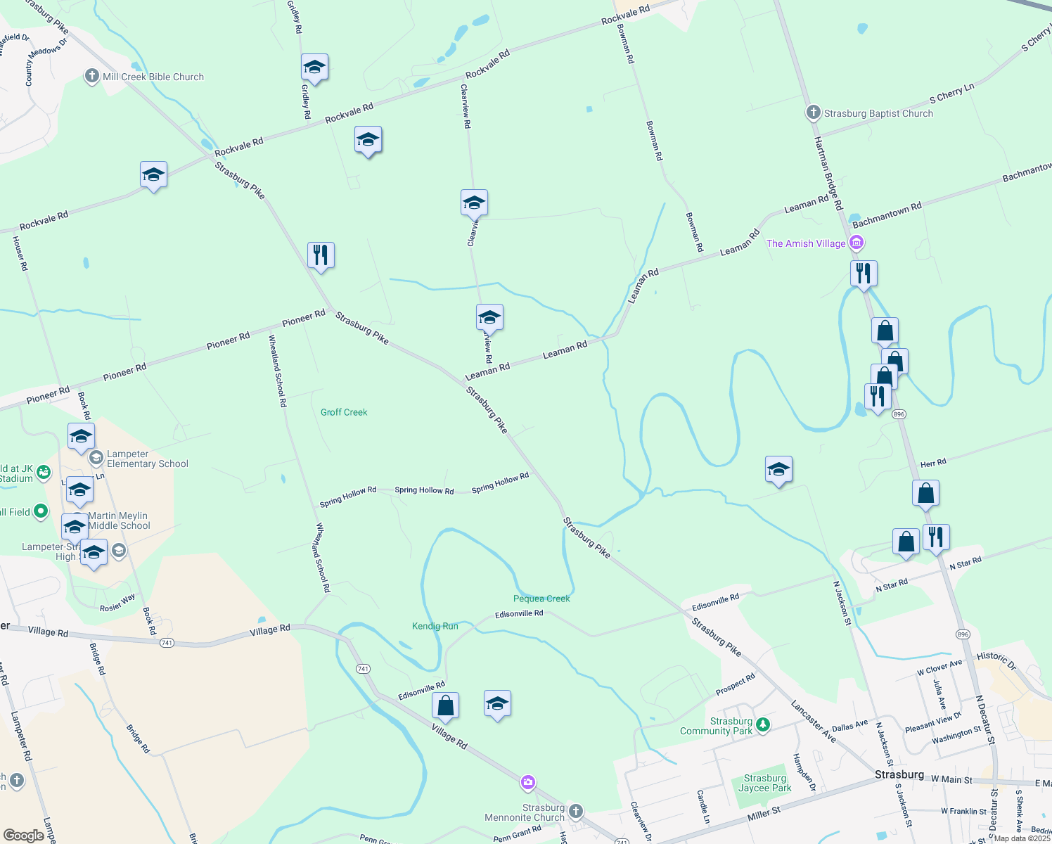 map of restaurants, bars, coffee shops, grocery stores, and more near 745 Strasburg Pike in Strasburg