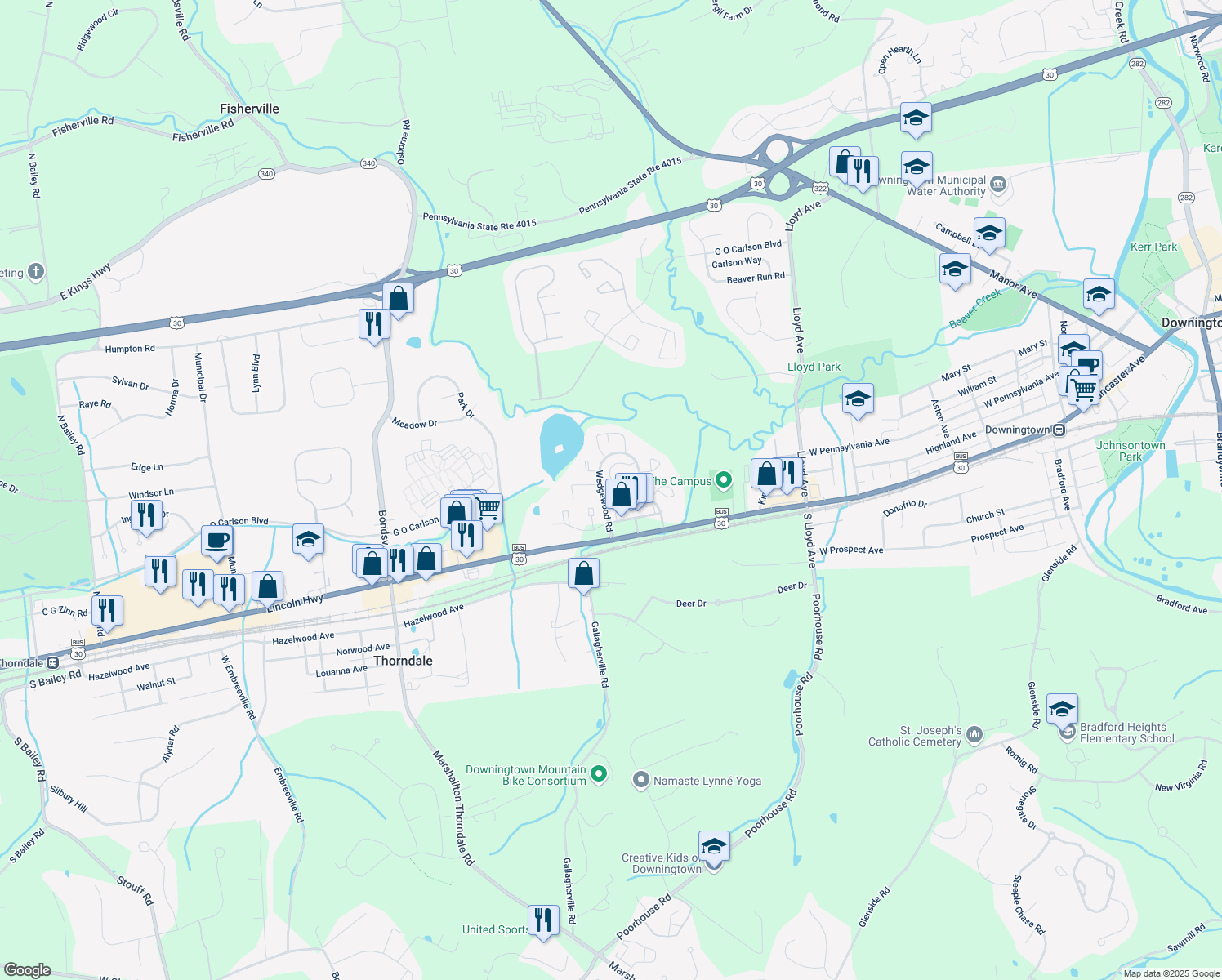 map of restaurants, bars, coffee shops, grocery stores, and more near 41 Nancy Lane in Downingtown