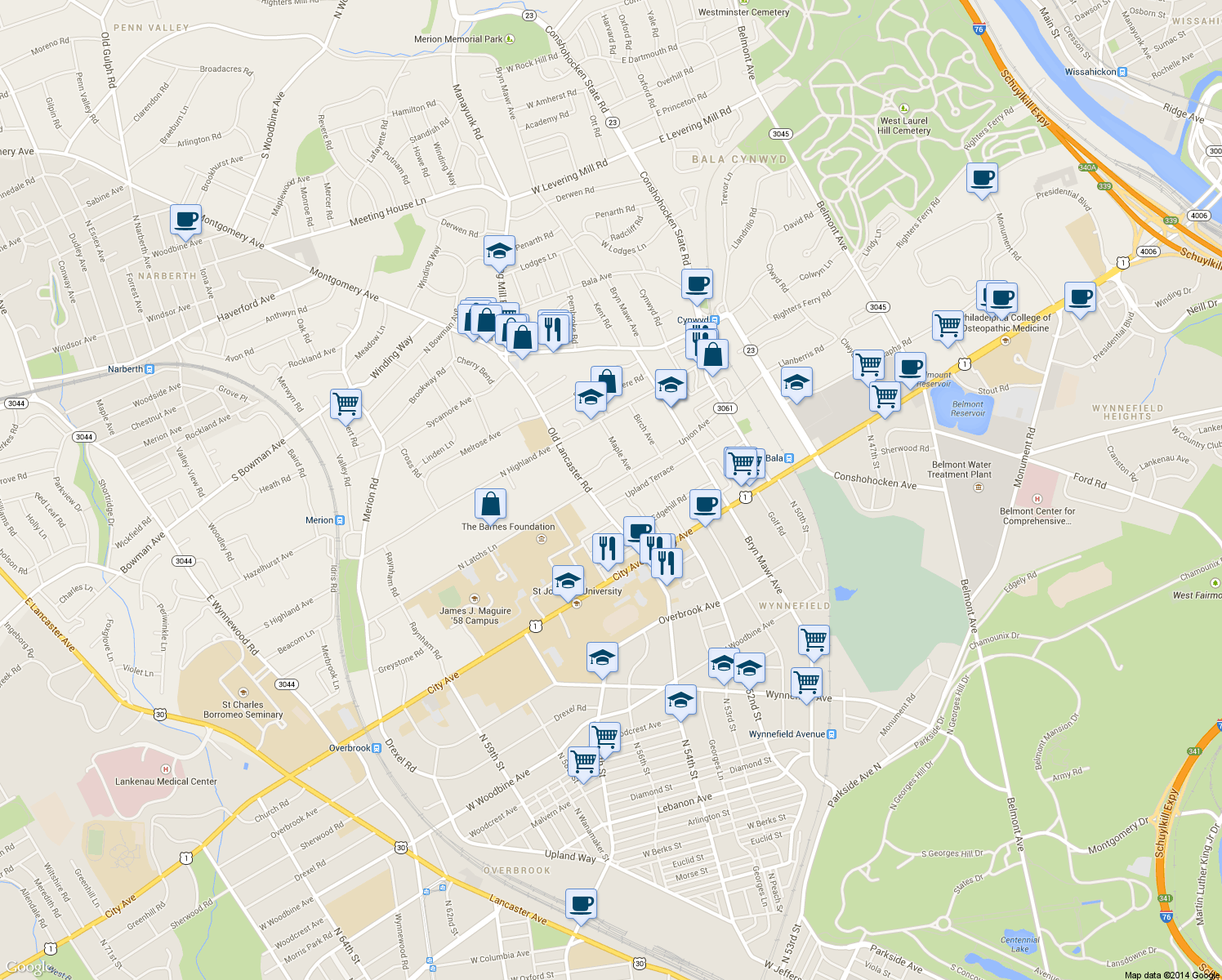 map of restaurants, bars, coffee shops, grocery stores, and more near 162 Union Avenue in Bala Cynwyd