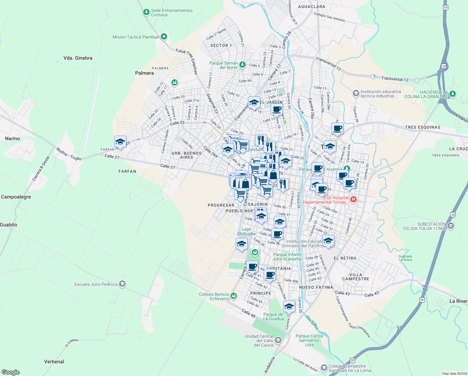 map of restaurants, bars, coffee shops, grocery stores, and more near in Tuluá